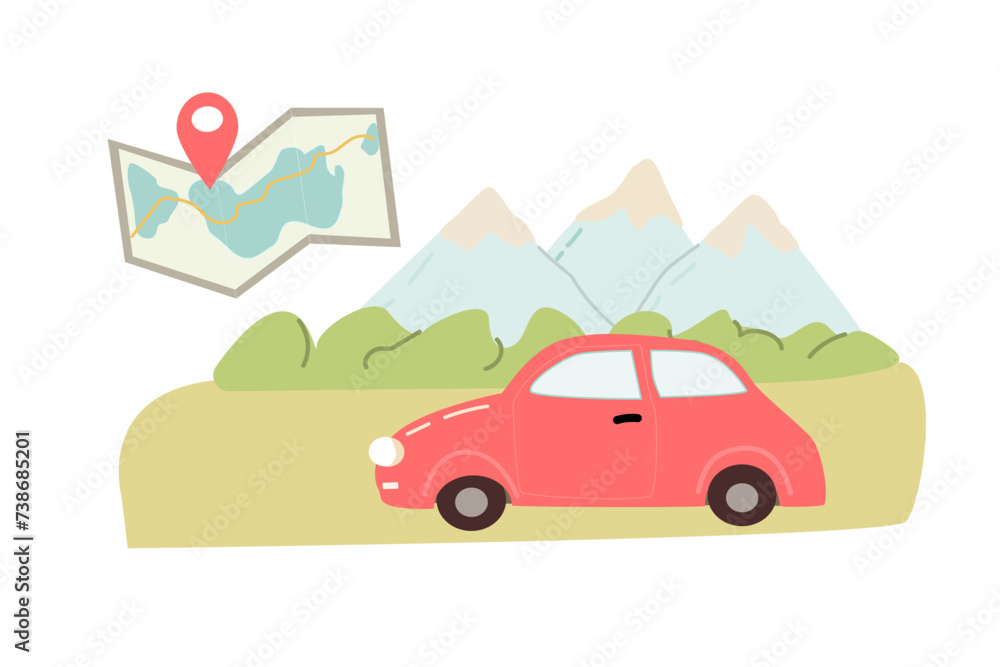 Travel in car with gps summer vacation concept in summer. Vector illustration isolated. Mountains. 