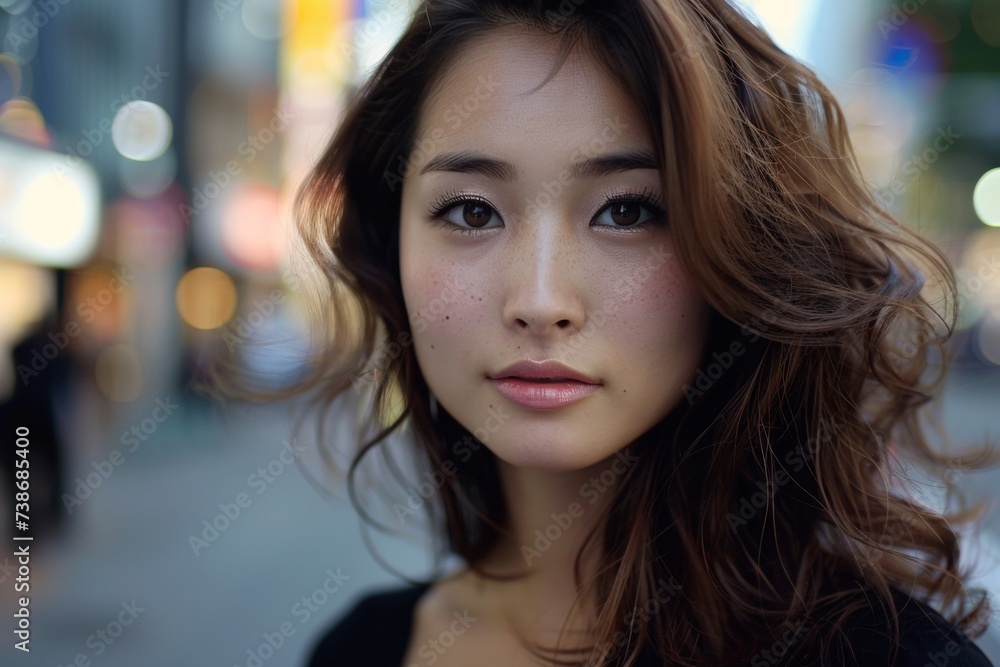 Obraz premium beautiful asian young woman on the street in tokyo at, in the style of luminous portraits, glamour make-up, wavy --ar 125:83 --stylize 50 --v 6 Job ID: ad95af0b-89d7-40f2-93a5-4bacc910233e