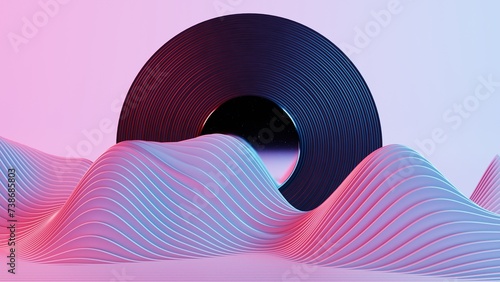 Obraz na plátně This artwork depicts a vinyl record set against a retro wave landscape, combining the nostalgia of analog music with the futuristic aesthetics of neon waves