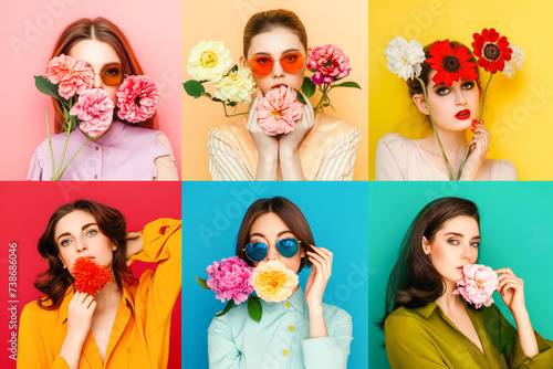 Happy Women's Day - March 8. Charming ladies with beautiful flowers on a bright background, creative collage