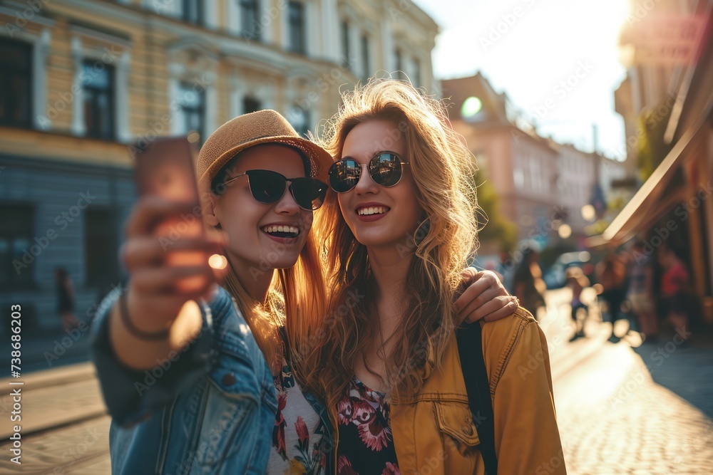 two young women taking selfie in the city, traveling together. Female tourists on a trip backlit with sunlight. 