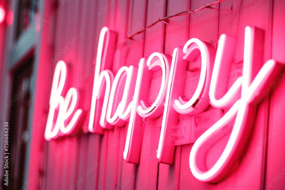neon pink sign - be happy - on a white wall close up. Interior design decoration. Small business. Positive affirmations and mindset. neon pink sign - be happy - on a white wall close up. Interior design decoration. Small business. Positive affirmations and mindset.