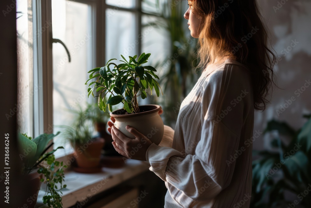 Young woman taking care of green house plants at home. Indoor gardening hobby. Millennial person holding potted plant. Gardening urban jungle. Young woman taking care of green house plants at home. Indoor gardening hobby. Millennial person holding potted plant. Gardening urban jungle.