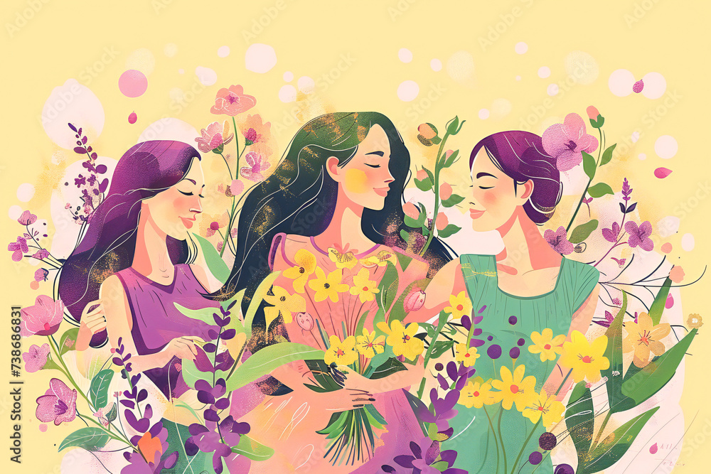 Happy Women's Day - March 8. Charming ladies with beautiful flowers on a bright background, creative collage Happy Women's Day - March 8. Charming ladies with beautiful flowers on a bright background, creative collage