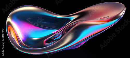 Bold holographic liquid blob shape isolated. Iridescent wavy melted substance on black background photo