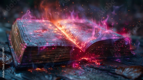 An open magical book in a magical pink fire