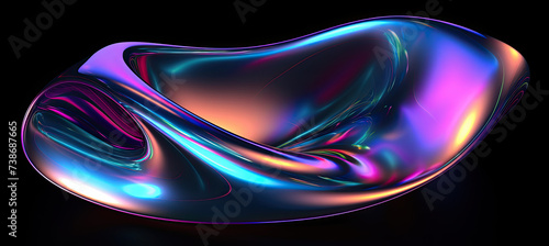 Bold holographic liquid blob shape isolated. Iridescent wavy melted substance on black background photo