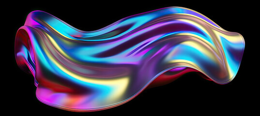 Bold holographic liquid blob shape isolated. Iridescent wavy melted substance on black background