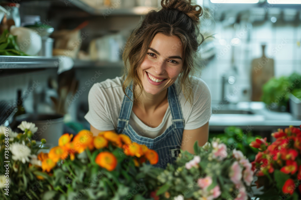 Florist Woman, Creating Beauty: A Happy Female Owner of a Floral Shop Standing with a Bouquet of Fresh Red Flowers, Surrounded by Green Plants and Smiling at the Camera