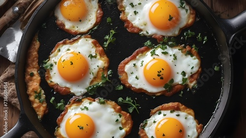 fried eggs in black pan