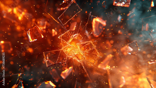Shattered glass with fire particles background.