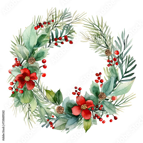 Watercolor doodle Christmas wreath decoration. isolated on white background