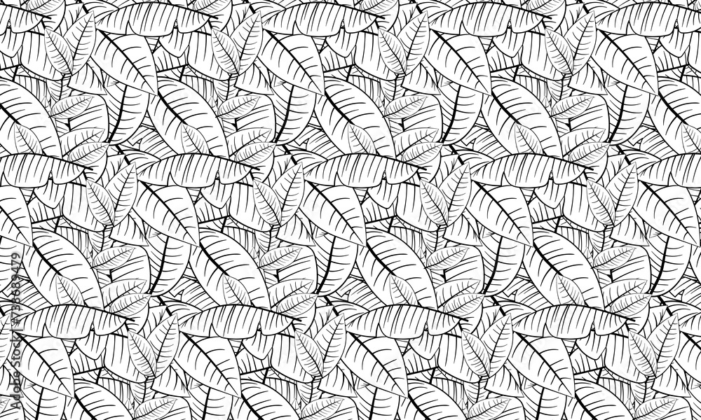 Seamless pattern with tropical leaves. Black and white illustration.