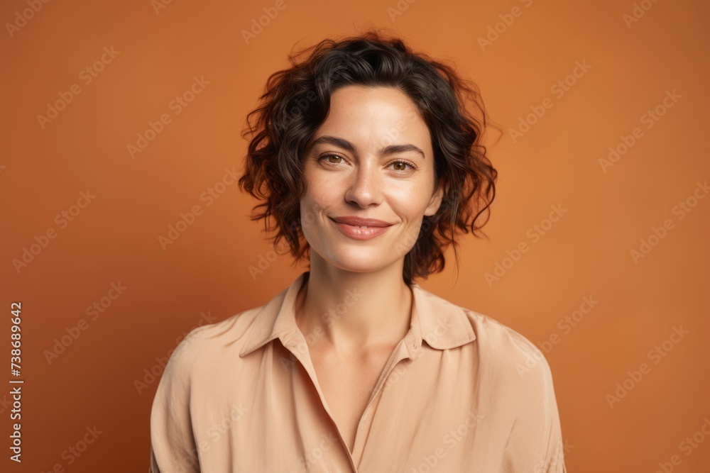 Portrait of beautiful young woman with curly hair on orange background. Portrait of beautiful young woman with curly hair on orange background.