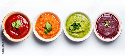 Top view Various sauces in bowls. isolated on white background