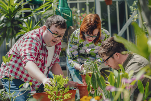 Person with intellectual disabilities taking care of the plants in a garden