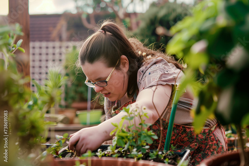 Person with intellectual disabilities taking care of the plants in a garden