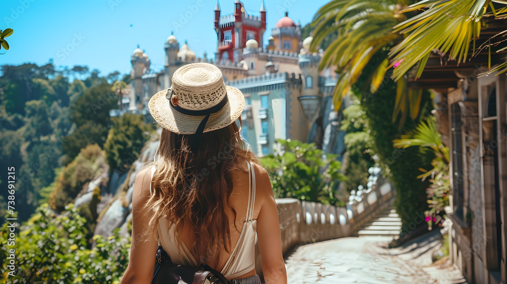 Beautiful tourist young woman walking in Sintra street on summer, Portugal, tourism travel holiday vacations concept in Europe