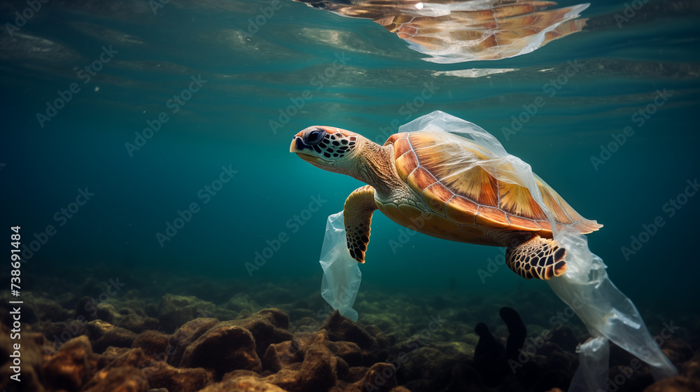 Obraz premium Plastic pollution is an environmental problem in the oceans. Turtle stuck in plastic bag, save ocean concept. Underwater concept of global problem with plastic waste floating in the ocean