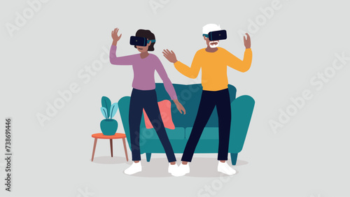 Vektor-Illustration von Menschen mit virtuellen Realität Brillen in ihrem Wohnzimmer - künstliche Intelligenz Konzept