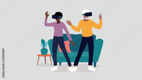 Vektor-Illustration von Menschen mit virtuellen Realität Brillen in ihrem Wohnzimmer - künstliche Intelligenz Konzept