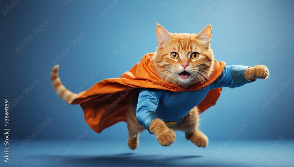 Flying superhero cat on blue background. AI generated - obrazy, fototapety, plakaty 