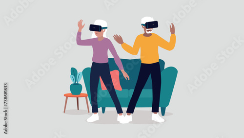 Vektor-Illustration von Menschen mit virtuellen Realität Brillen in ihrem Wohnzimmer - künstliche Intelligenz Konzept