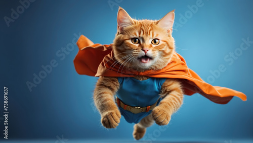 Flying superhero cat on blue background. AI generated © Mystery