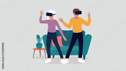 Vektor-Illustration von Menschen mit virtuellen Realität Brillen in ihrem Wohnzimmer - künstliche Intelligenz Konzept