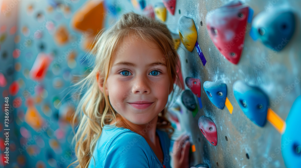 girl training near a climbing wall