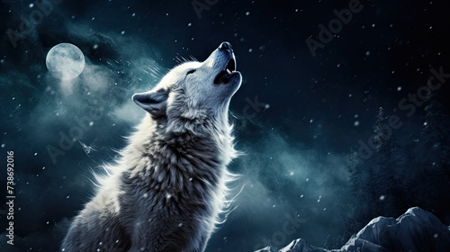 White wolf howling at the moon photo