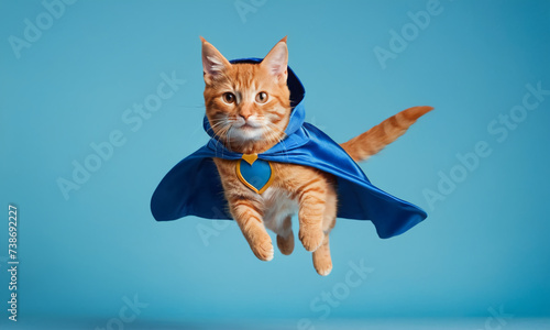 superhero cat, Cute orange tabby kitty with a blue cloak and mask jumping and flying on light blue background with copy space. The concept of a superhero, super cat, leader, funny animal studio shot © Lenses