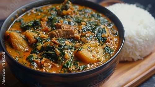 Nigerian pounded yam with egusi soup made with ground melon seeds, spinach, and meat or fish