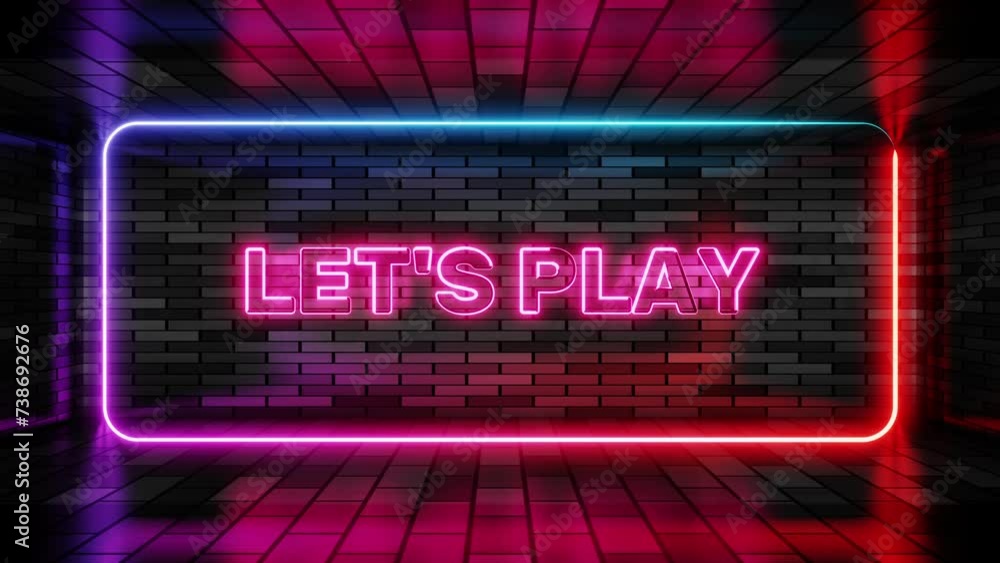 Neon sign lets play in speech bubble frame on brick wall background 3d render. Light banner on the wall background. Lets play loop video game vr, design template, night neon signboard Neon sign lets play in speech bubble frame on brick wall background 3d render. Light banner on the wall background. Lets play loop video game vr, design template, night neon signboard