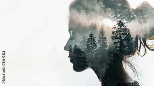 Double exposure of a woman's head with forest landscape in the background © Maykon