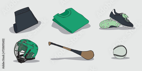 Hurling equipments, Bat, Shoes, Jersey, Ball