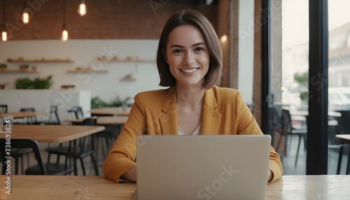 businesswoman, wearing suit using laptop working in cafe, restaurant, coffee shop