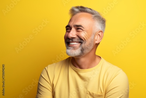 Portrait of a happy senior man laughing and looking at the camera on yellow background