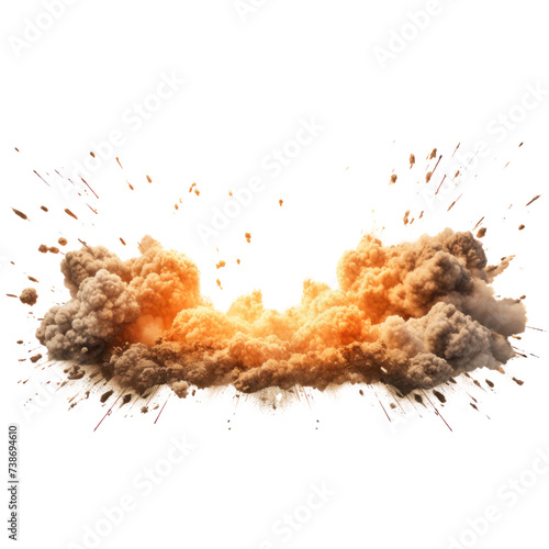 War realistic explode effect in the air fire flames smoke dust burst energy impact.