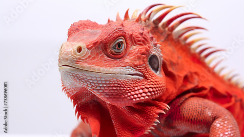 Gorgeous close-up of a red iguana's head on wood, isolated against a stark white background © drizzlingstarsstudio