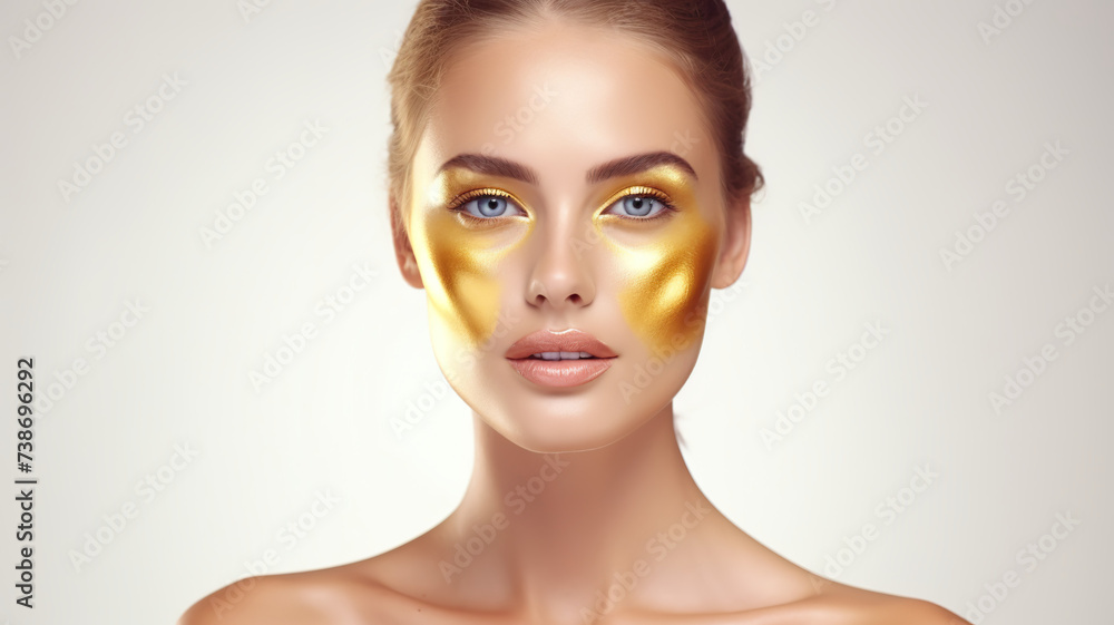 Gorgeous female with golden complexion cosmetic touch-up face isolated on a white background - obrazy, fototapety, plakaty 