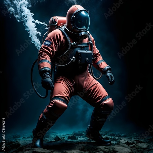 Beefy man with no face wearing atmospheric diving suit, standard diving dress wrestling a giant squid, dark background