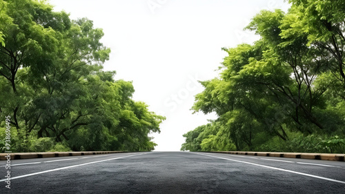 Black road with asphalt. On an entirely white background, there are green trees isolated to the side. photo