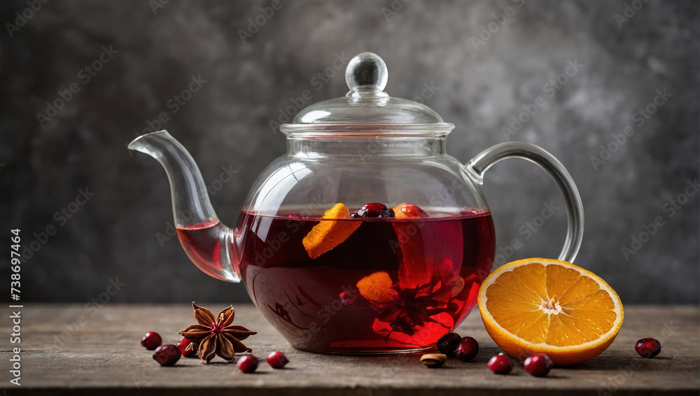 Tea with cranberry, orange, and spices in a glass teapot on the table. generative AI Tea with cranberry, orange, and spices in a glass teapot on the table. generative AI