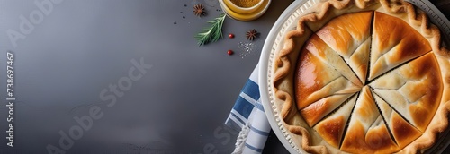 Classic pie with salmon and white fish on wooden board Composition with fish pie on concrete background with textile and spices Homemade pie with fish in rustic style on gray table. Creative Banner. s photo