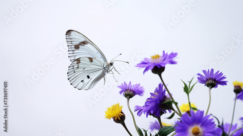 Butterfly perched atop flower, isolated against a stark white background