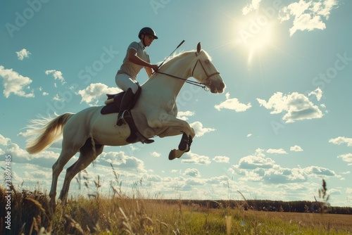 A horseman on a horse during the high jump