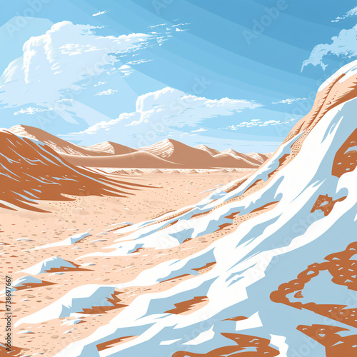 Snowy desert terrain on a sunny day.