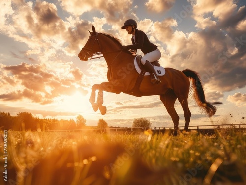 A horseman on a horse during the high jump