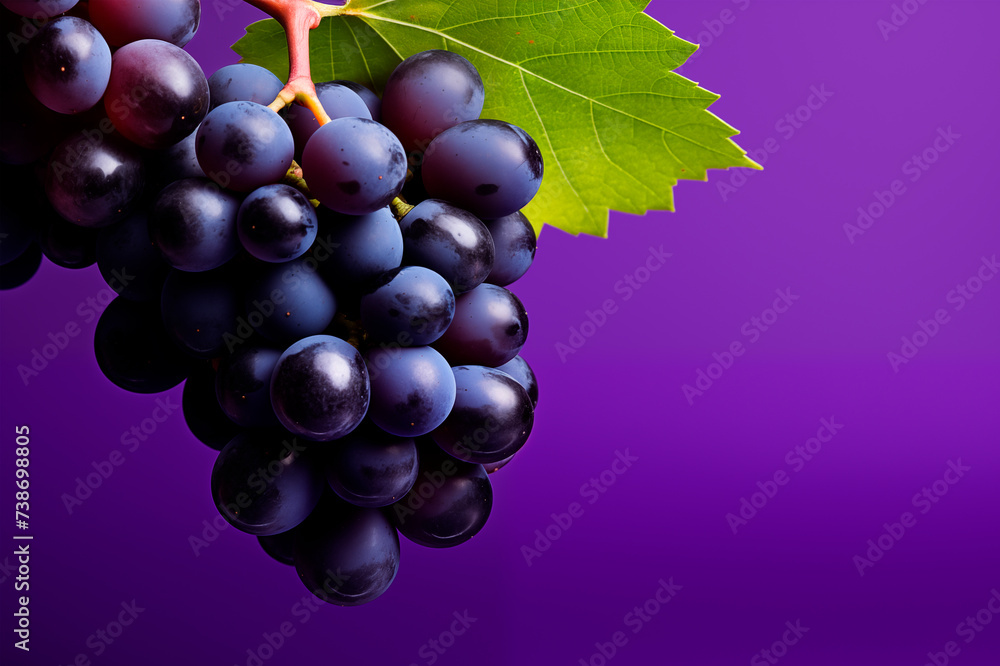Fototapeta premium Grape bunch close up, violet background with copy space